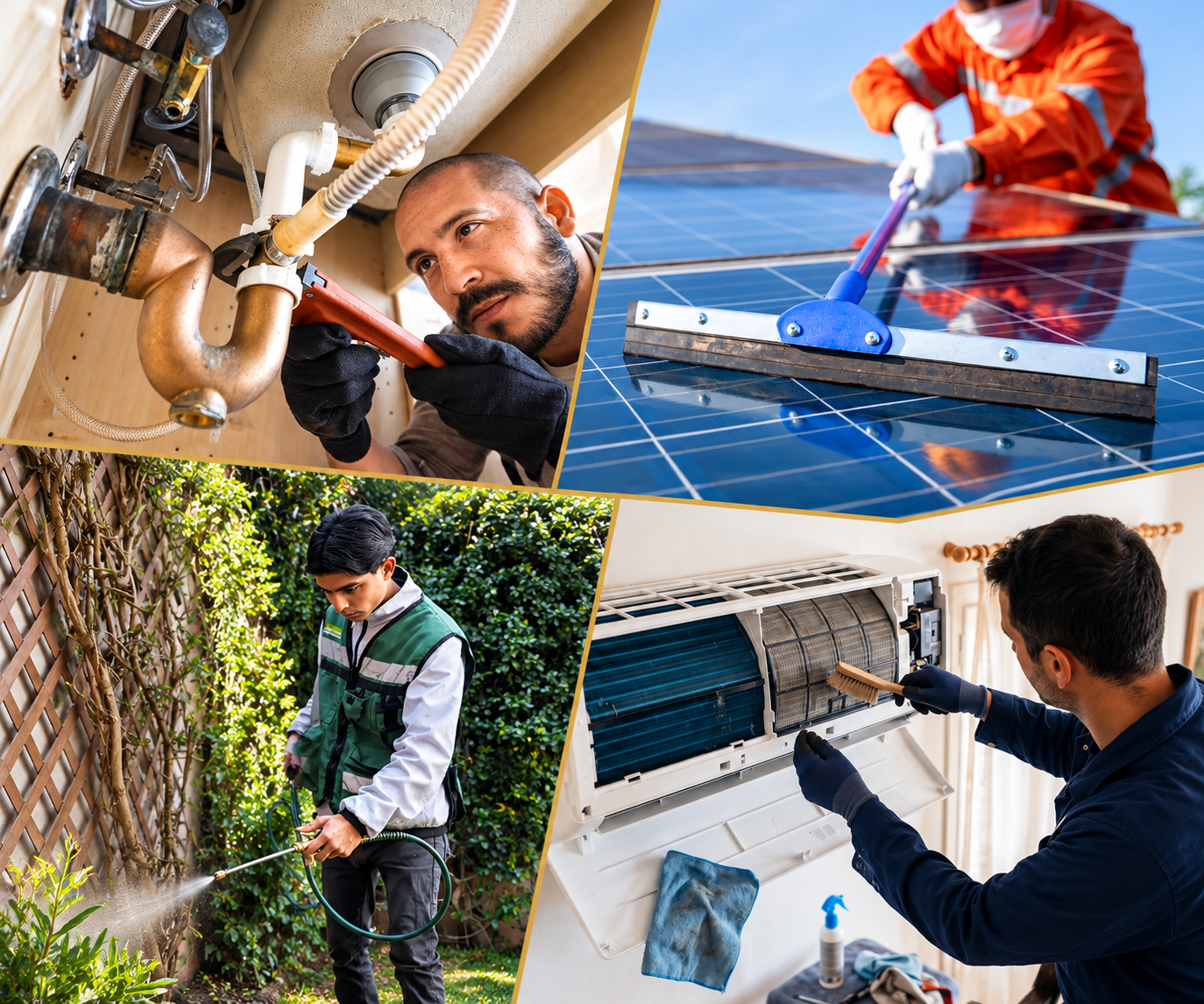 Composición de servicios de plomería, limpieza de paneles solares, fumigación y mantenimiento de aire acondicionado